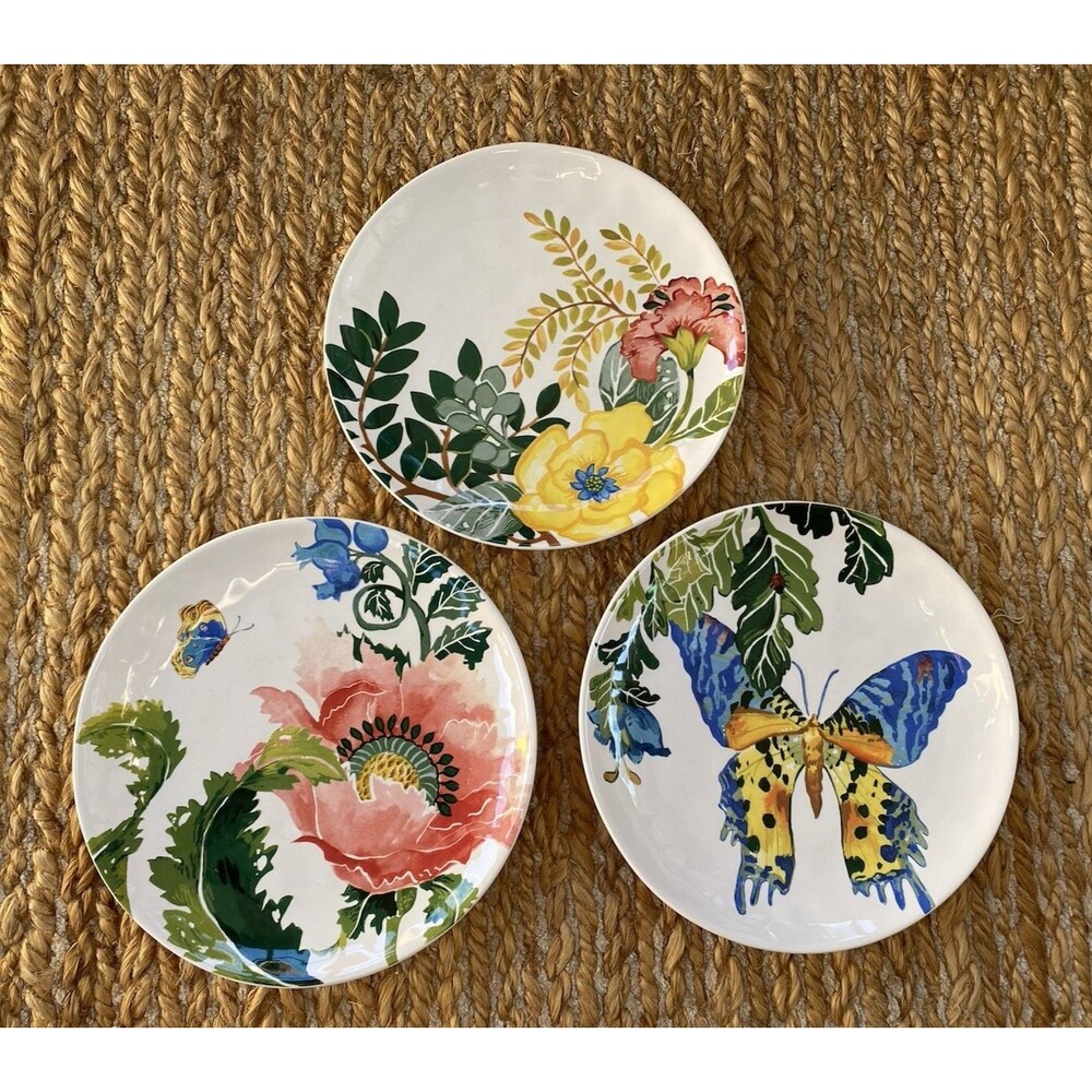 3x Pottery Barn Lyla Garden Floral Butterfly 8 5/8 Salad Dessert Decor Plates